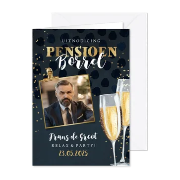 Uitnodiging pensioenfeest champagne glazen goud stijlvol